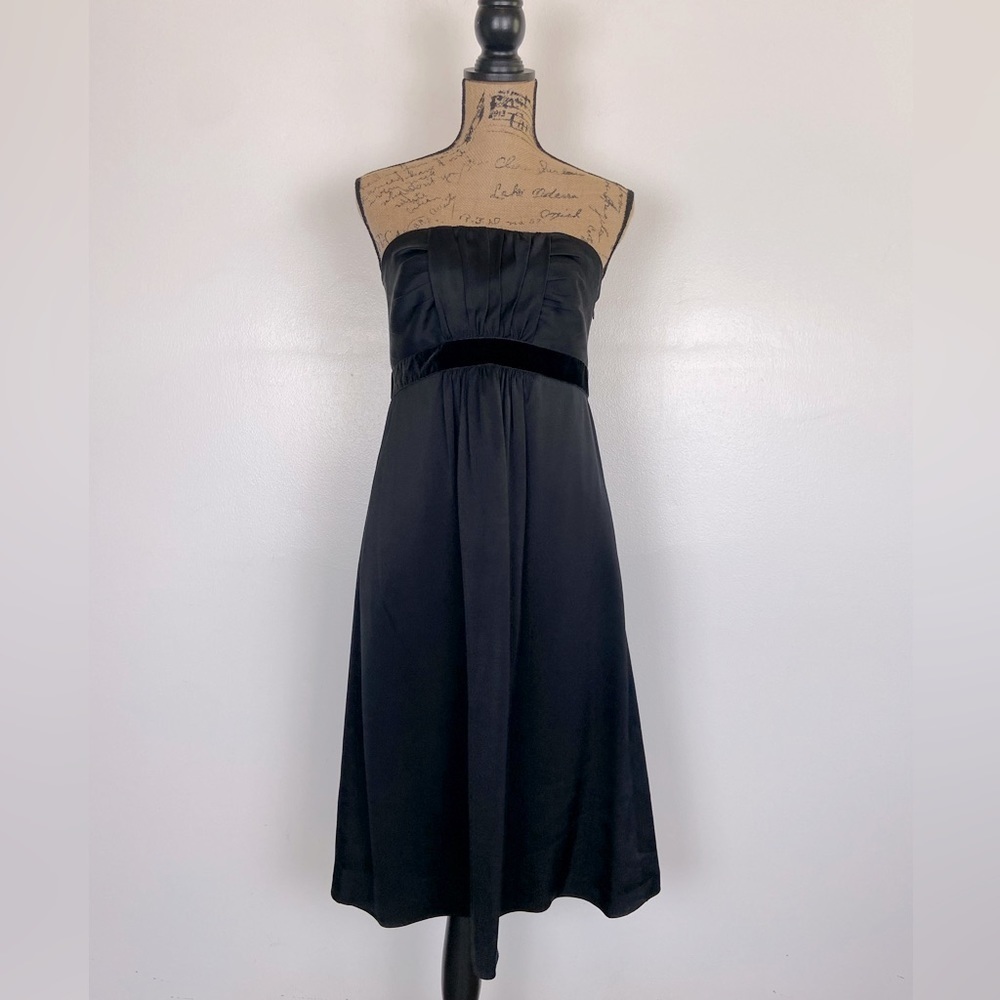 Banana Republic Silk Midi Dress Size‎ 12 Color Black Strapless Satin Velvet Trim